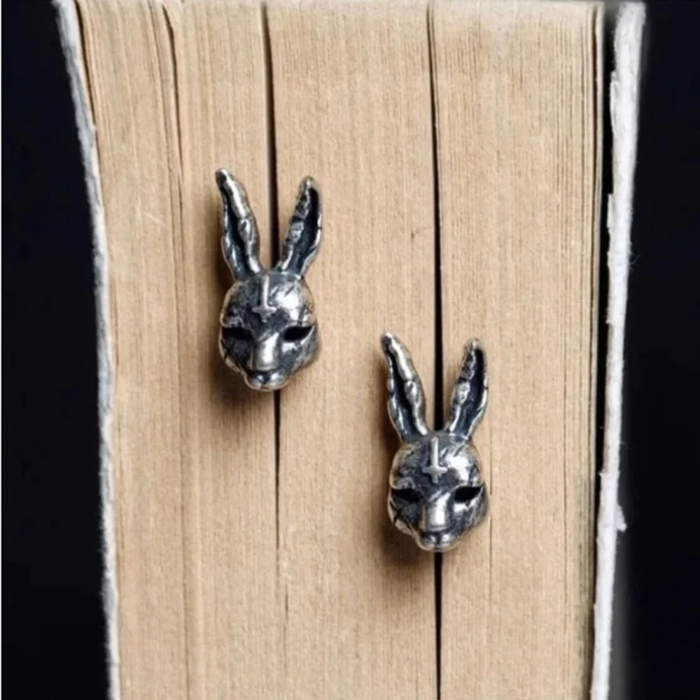 Single accent gothic style cross bunny stud earring S925 sterling silver retro